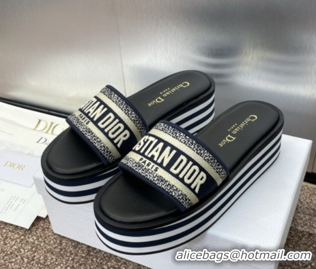 Cheap Price Dior Dway Striped Platform Slides Sandal 4cm in Embroidered Cotton Deep Blue 0425071
