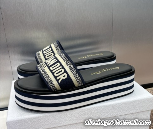 Cheap Price Dior Dway Striped Platform Slides Sandal 4cm in Embroidered Cotton Deep Blue 0425071