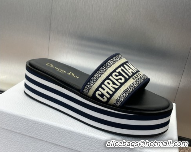 Cheap Price Dior Dway Striped Platform Slides Sandal 4cm in Embroidered Cotton Deep Blue 0425071