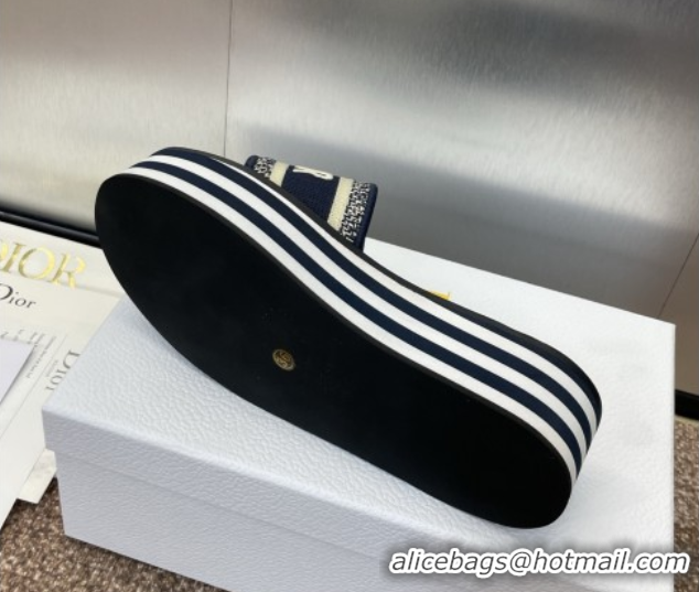 Cheap Price Dior Dway Striped Platform Slides Sandal 4cm in Embroidered Cotton Deep Blue 0425071