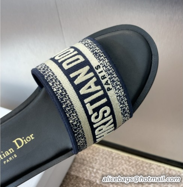 Cheap Price Dior Dway Striped Platform Slides Sandal 4cm in Embroidered Cotton Deep Blue 0425071