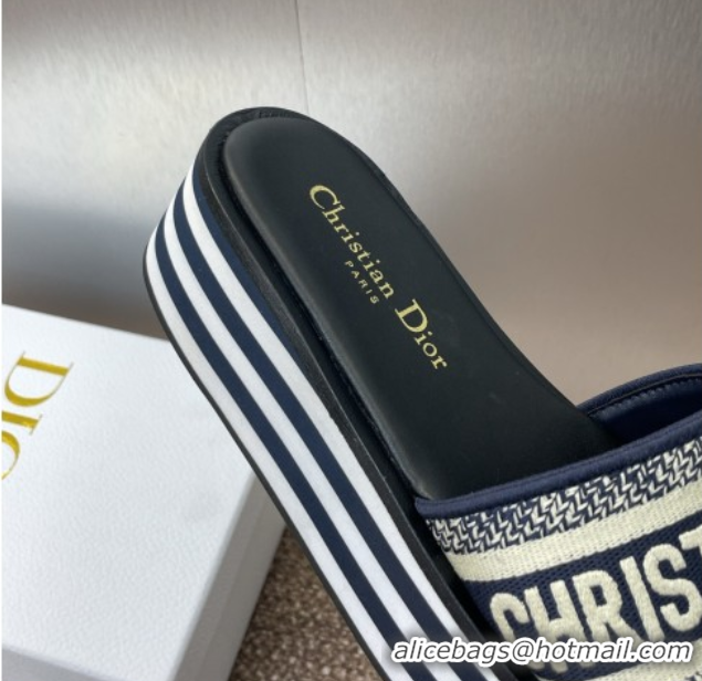 Cheap Price Dior Dway Striped Platform Slides Sandal 4cm in Embroidered Cotton Deep Blue 0425071