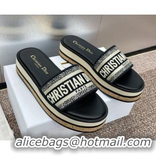 Good Product Dior Dway Wool Platform Slides Sandal 4cm in Embroidered Cotton Blue 0425072