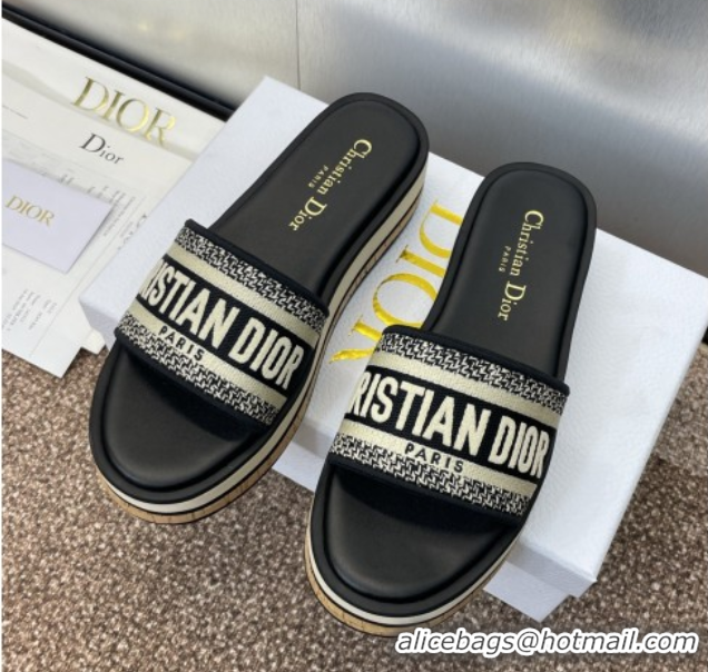 Good Product Dior Dway Wool Platform Slides Sandal 4cm in Embroidered Cotton Blue 0425072