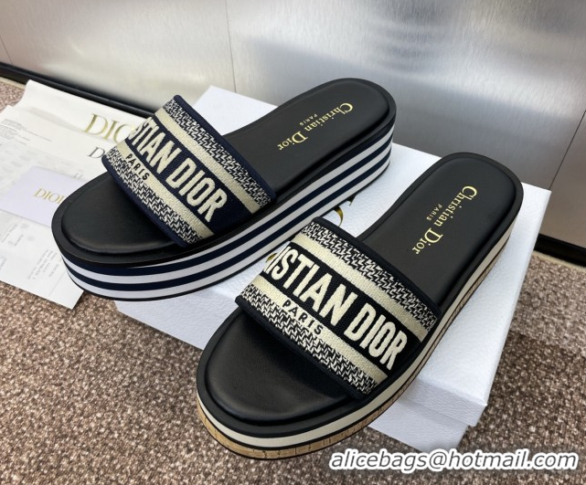 Good Product Dior Dway Wool Platform Slides Sandal 4cm in Embroidered Cotton Blue 0425072