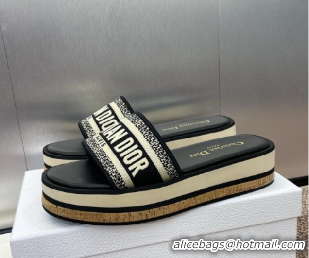 Good Product Dior Dway Wool Platform Slides Sandal 4cm in Embroidered Cotton Blue 0425072