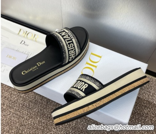 Good Product Dior Dway Wool Platform Slides Sandal 4cm in Embroidered Cotton Blue 0425072