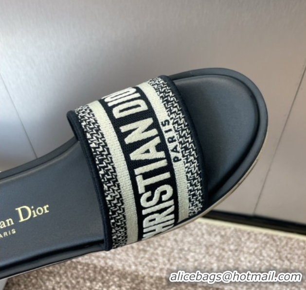 Good Product Dior Dway Wool Platform Slides Sandal 4cm in Embroidered Cotton Blue 0425072