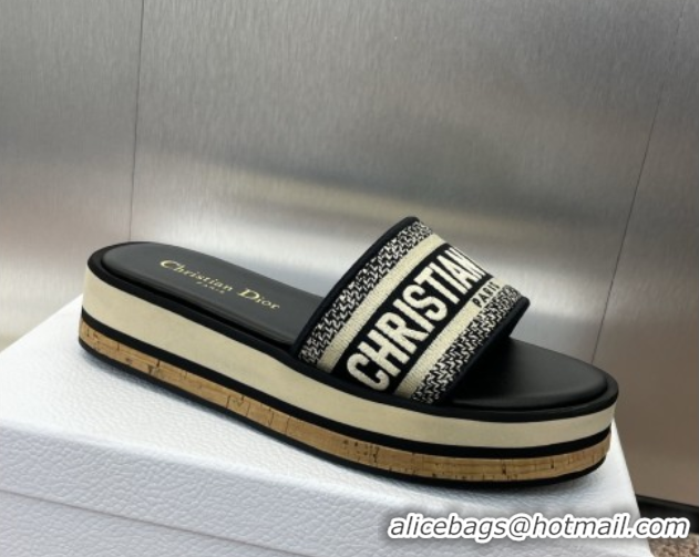 Good Product Dior Dway Wool Platform Slides Sandal 4cm in Embroidered Cotton Blue 0425072