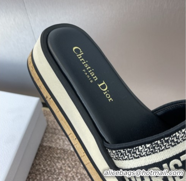 Good Product Dior Dway Wool Platform Slides Sandal 4cm in Embroidered Cotton Blue 0425072