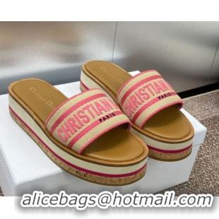 Top Grade Dior Dway Wood Platform Slides Sandal 4cm in Raffia and Embroidered Cotton Beige/Pink 0425073