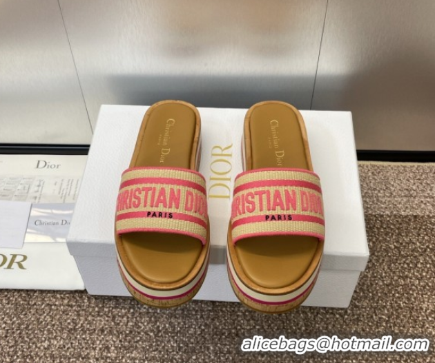 Top Grade Dior Dway Wood Platform Slides Sandal 4cm in Raffia and Embroidered Cotton Beige/Pink 0425073