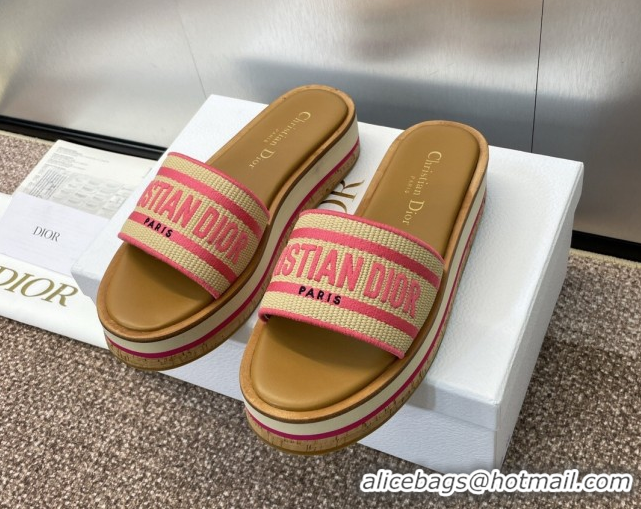 Top Grade Dior Dway Wood Platform Slides Sandal 4cm in Raffia and Embroidered Cotton Beige/Pink 0425073