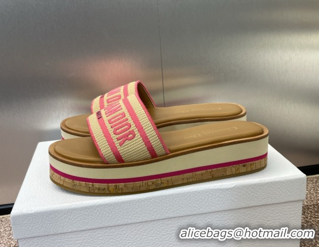 Top Grade Dior Dway Wood Platform Slides Sandal 4cm in Raffia and Embroidered Cotton Beige/Pink 0425073