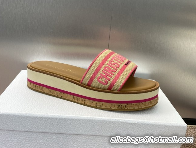 Top Grade Dior Dway Wood Platform Slides Sandal 4cm in Raffia and Embroidered Cotton Beige/Pink 0425073