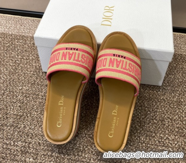 Top Grade Dior Dway Wood Platform Slides Sandal 4cm in Raffia and Embroidered Cotton Beige/Pink 0425073