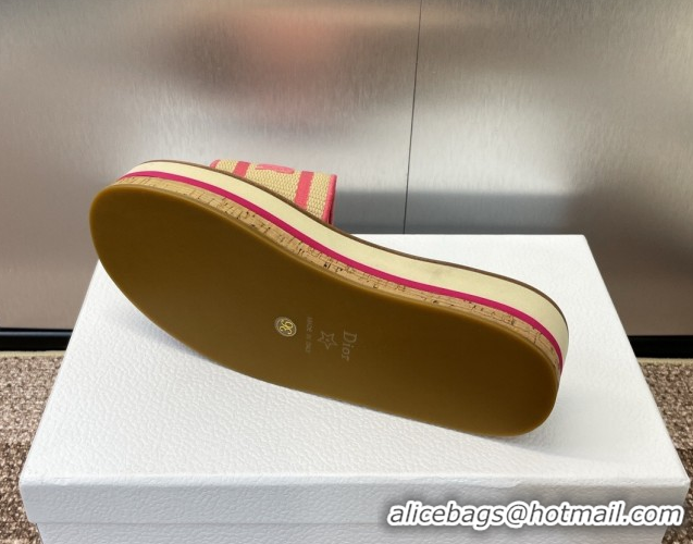 Top Grade Dior Dway Wood Platform Slides Sandal 4cm in Raffia and Embroidered Cotton Beige/Pink 0425073