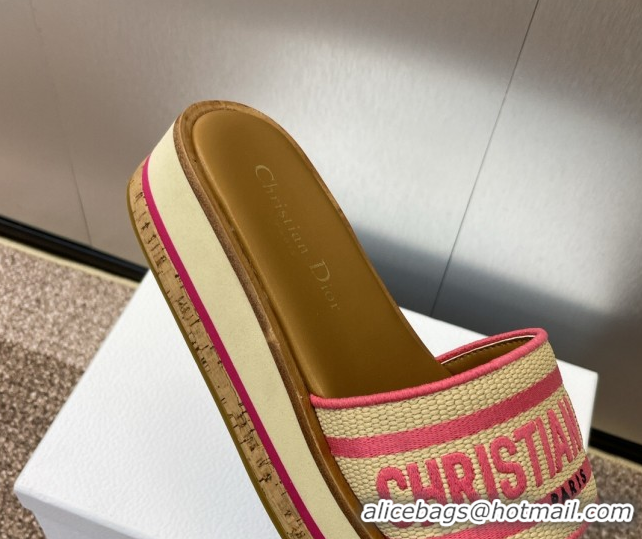 Top Grade Dior Dway Wood Platform Slides Sandal 4cm in Raffia and Embroidered Cotton Beige/Pink 0425073