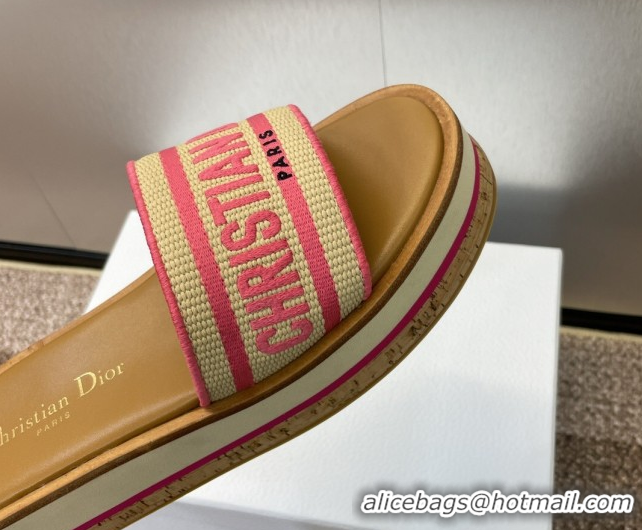 Top Grade Dior Dway Wood Platform Slides Sandal 4cm in Raffia and Embroidered Cotton Beige/Pink 0425073