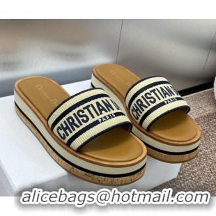 Big Discount Dior Dway Wood Platform Slides Sandal 4cm in Raffia and Embroidered Cotton Beige/Blue 0425074