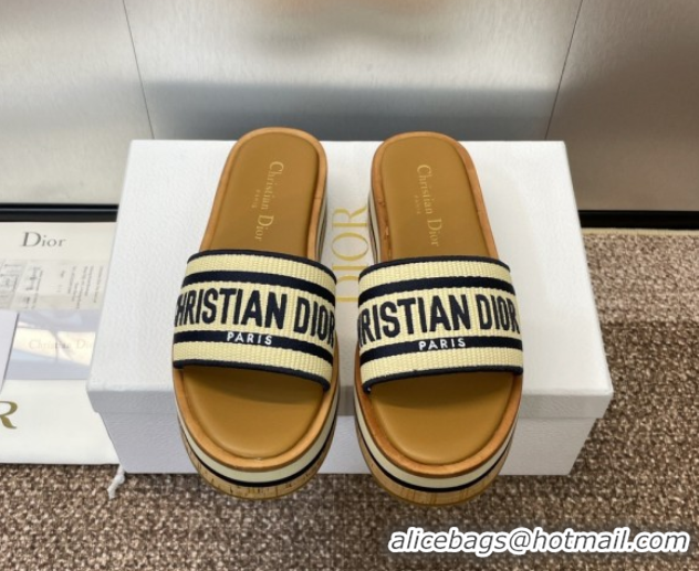 Big Discount Dior Dway Wood Platform Slides Sandal 4cm in Raffia and Embroidered Cotton Beige/Blue 0425074