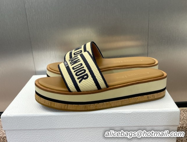 Big Discount Dior Dway Wood Platform Slides Sandal 4cm in Raffia and Embroidered Cotton Beige/Blue 0425074