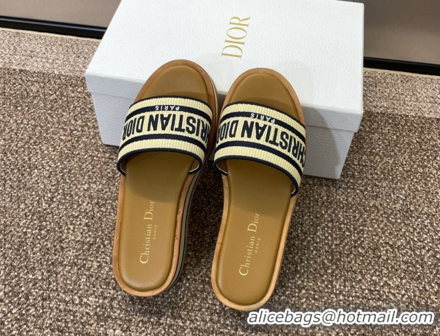 Big Discount Dior Dway Wood Platform Slides Sandal 4cm in Raffia and Embroidered Cotton Beige/Blue 0425074