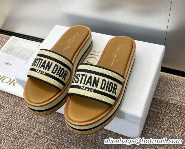 Big Discount Dior Dway Wood Platform Slides Sandal 4cm in Raffia and Embroidered Cotton Beige/Blue 0425074