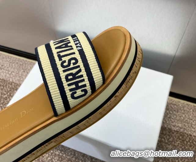 Big Discount Dior Dway Wood Platform Slides Sandal 4cm in Raffia and Embroidered Cotton Beige/Blue 0425074