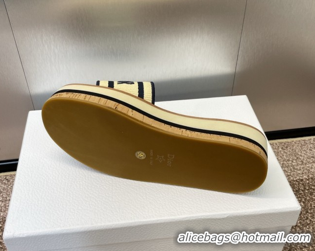 Big Discount Dior Dway Wood Platform Slides Sandal 4cm in Raffia and Embroidered Cotton Beige/Blue 0425074