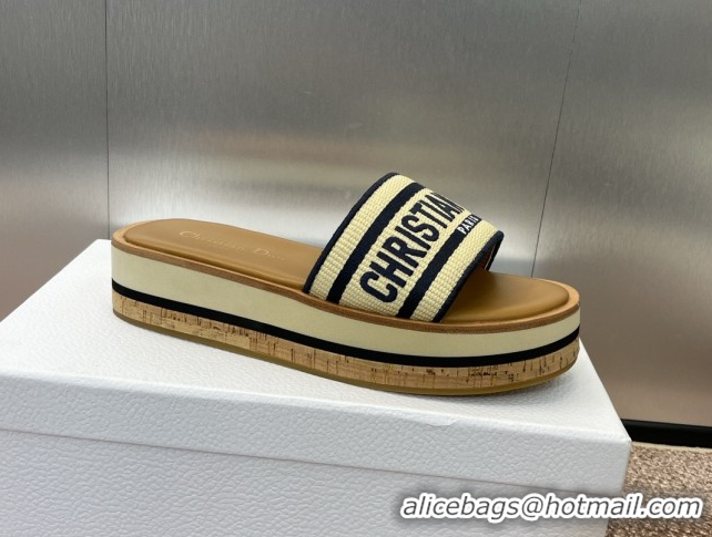 Big Discount Dior Dway Wood Platform Slides Sandal 4cm in Raffia and Embroidered Cotton Beige/Blue 0425074