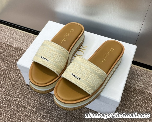 Luxury Cheap Dior Dway Wood Platform Slides Sandal 4cm in Raffia and Embroidered Cotton Beige/Grey 0425075