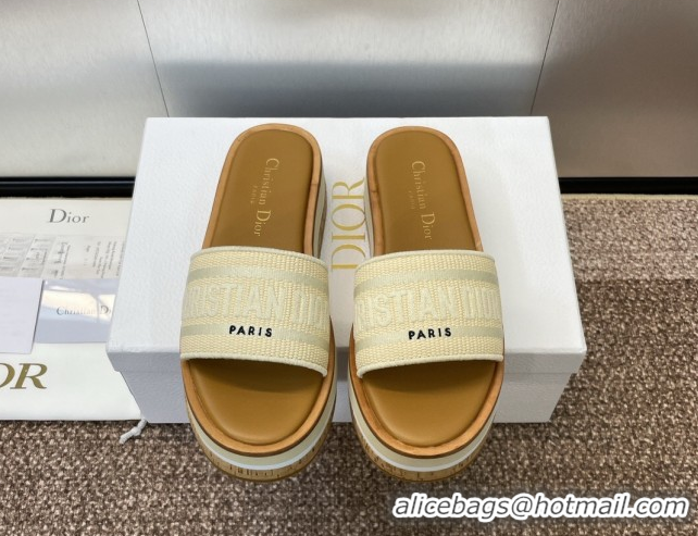 Luxury Cheap Dior Dway Wood Platform Slides Sandal 4cm in Raffia and Embroidered Cotton Beige/Grey 0425075