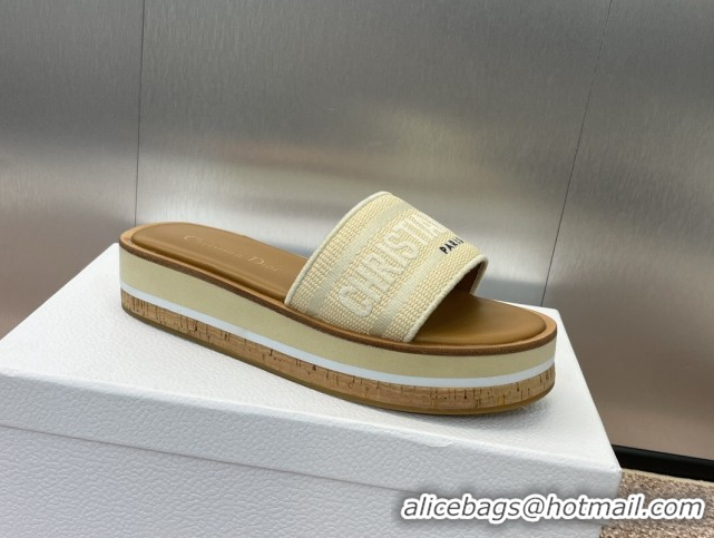 Luxury Cheap Dior Dway Wood Platform Slides Sandal 4cm in Raffia and Embroidered Cotton Beige/Grey 0425075