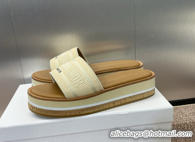 Luxury Cheap Dior Dway Wood Platform Slides Sandal 4cm in Raffia and Embroidered Cotton Beige/Grey 0425075