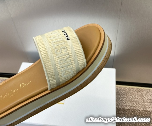 Luxury Cheap Dior Dway Wood Platform Slides Sandal 4cm in Raffia and Embroidered Cotton Beige/Grey 0425075