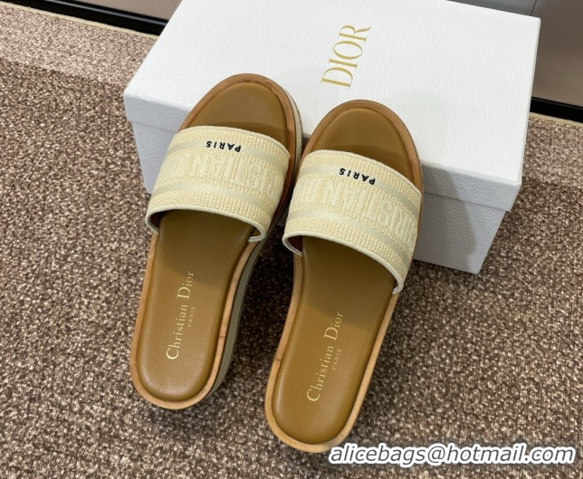 Luxury Cheap Dior Dway Wood Platform Slides Sandal 4cm in Raffia and Embroidered Cotton Beige/Grey 0425075