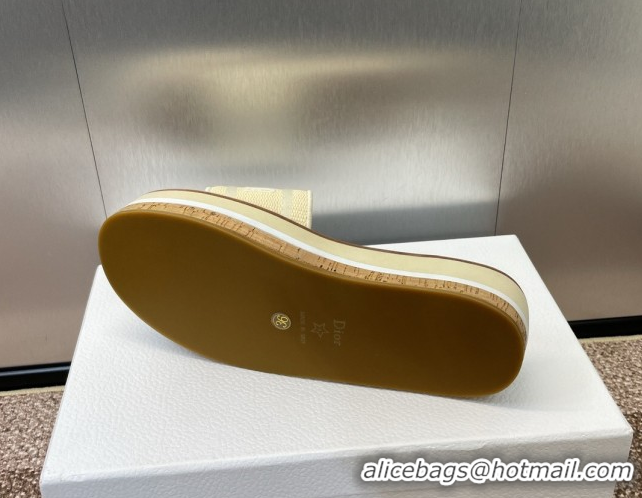 Luxury Cheap Dior Dway Wood Platform Slides Sandal 4cm in Raffia and Embroidered Cotton Beige/Grey 0425075