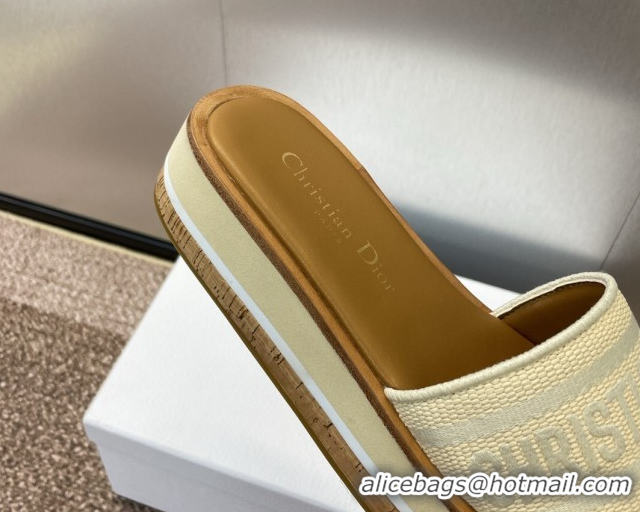 Luxury Cheap Dior Dway Wood Platform Slides Sandal 4cm in Raffia and Embroidered Cotton Beige/Grey 0425075