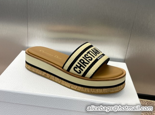 Good Quality Dior Dway Wood Platform Slides Sandal 4cm in Raffia and Embroidered Cotton Black/Black 0425076