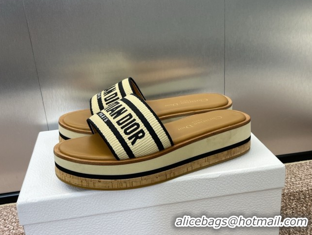 Good Quality Dior Dway Wood Platform Slides Sandal 4cm in Raffia and Embroidered Cotton Black/Black 0425076