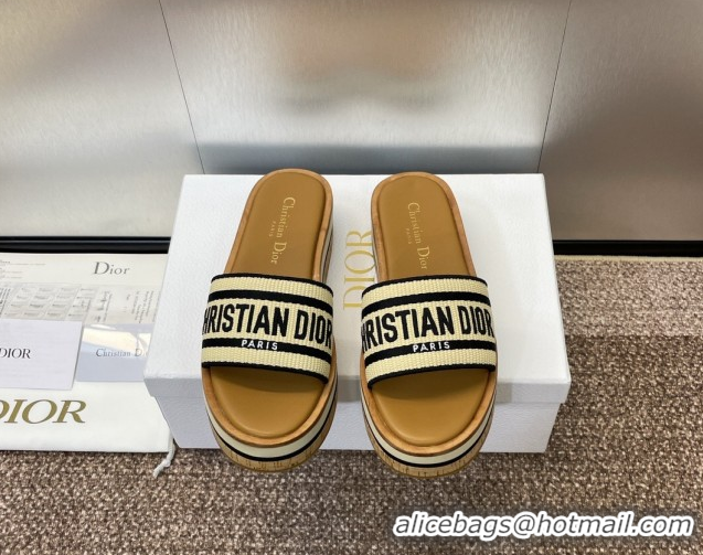 Good Quality Dior Dway Wood Platform Slides Sandal 4cm in Raffia and Embroidered Cotton Black/Black 0425076