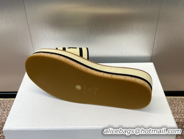 Good Quality Dior Dway Wood Platform Slides Sandal 4cm in Raffia and Embroidered Cotton Black/Black 0425076