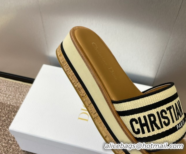 Good Quality Dior Dway Wood Platform Slides Sandal 4cm in Raffia and Embroidered Cotton Black/Black 0425076