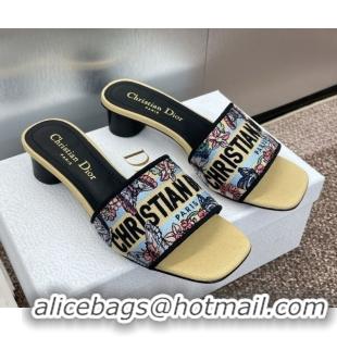Unique Style Dior Dway Heel Slides Sandal 4.5cm in Embroidered Cotton with Multicolor Toile de Jouy Papillon Motif Yello