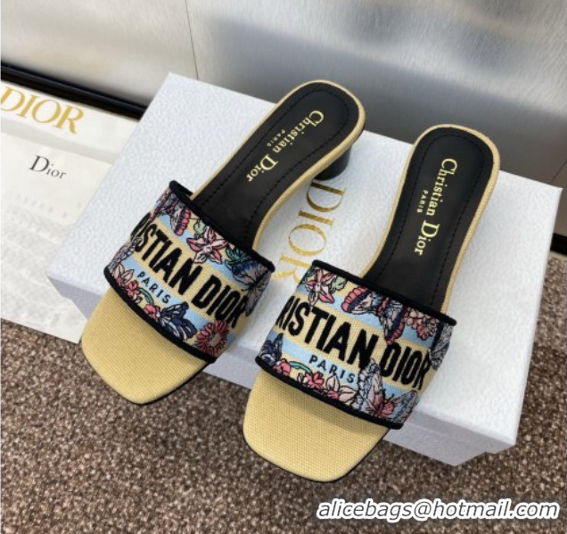 Unique Style Dior Dway Heel Slides Sandal 4.5cm in Embroidered Cotton with Multicolor Toile de Jouy Papillon Motif Yello