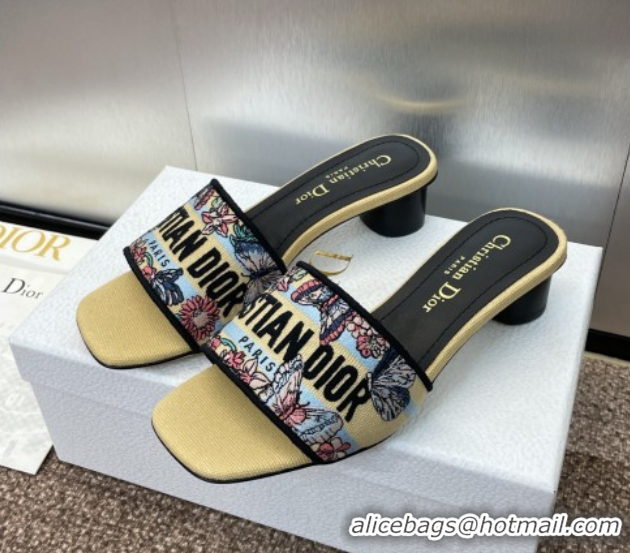 Unique Style Dior Dway Heel Slides Sandal 4.5cm in Embroidered Cotton with Multicolor Toile de Jouy Papillon Motif Yello