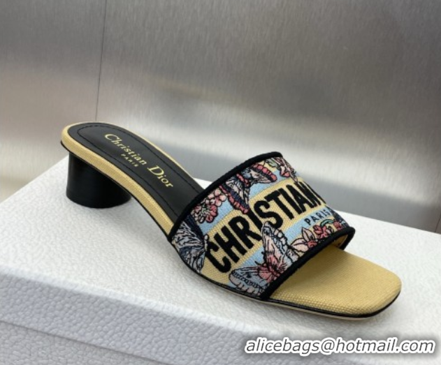 Unique Style Dior Dway Heel Slides Sandal 4.5cm in Embroidered Cotton with Multicolor Toile de Jouy Papillon Motif Yello