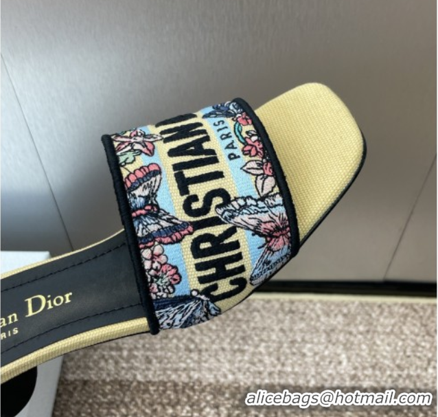 Unique Style Dior Dway Heel Slides Sandal 4.5cm in Embroidered Cotton with Multicolor Toile de Jouy Papillon Motif Yello
