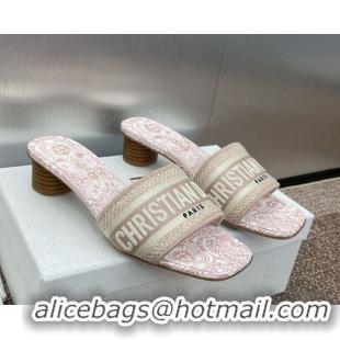 Best Product Dior Dway Heel Slides Sandal 4.5cm in Embroidered Cotton with D-Butterfly Paisley Motif Light Pink 0425079